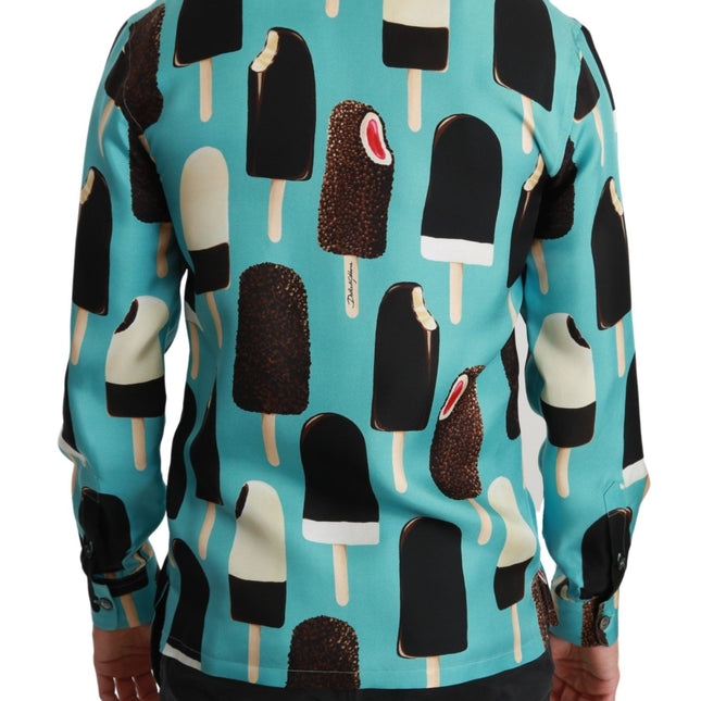 Dolce & Gabbana Blue Silk Ice Cream Print Casual Shirt