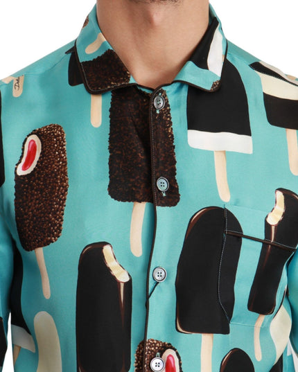 Dolce & Gabbana Blue Silk Ice Cream Print Casual Shirt