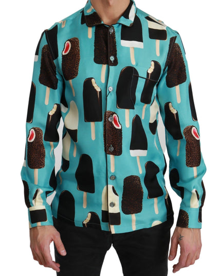 Dolce & Gabbana Blue Silk Ice Cream Print Casual Shirt