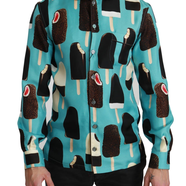 Dolce & Gabbana Blue Silk Ice Cream Print Casual Shirt