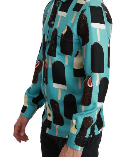 Dolce & Gabbana Blue Silk Ice Cream Print Casual Shirt