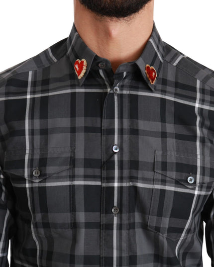Dolce & Gabbana Gray Checkered Heart Collar MARTINI Shirt