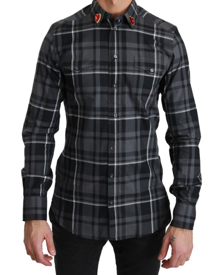 Dolce & Gabbana Gray Checkered Heart Collar MARTINI Shirt