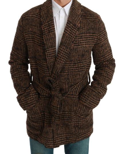 Dolce & Gabbana Brown Checkered Wool Robe Coat  Wrap Jacket