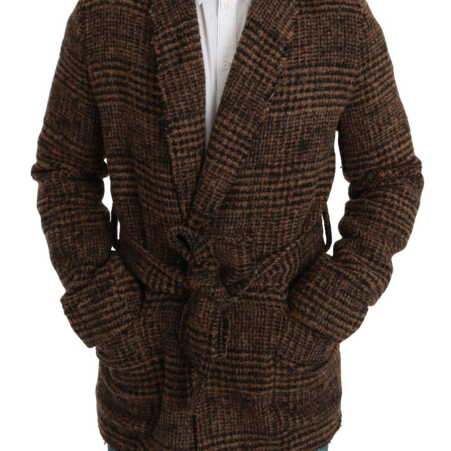 Dolce & Gabbana Brown Checkered Wool Robe Coat  Wrap Jacket