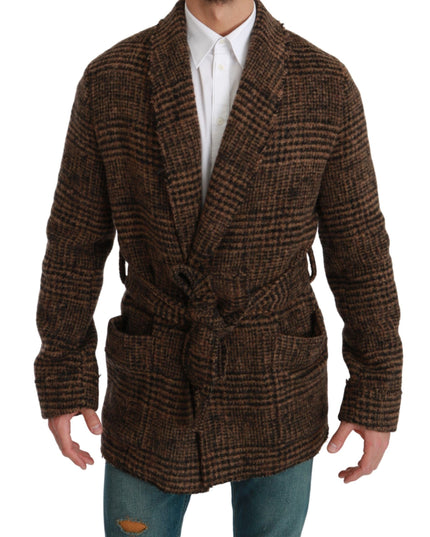 Dolce & Gabbana Brown Checkered Wool Robe Coat  Wrap Jacket