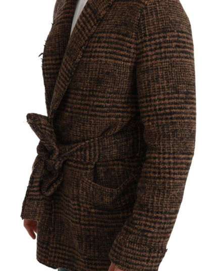 Dolce & Gabbana Brown Checkered Wool Robe Coat  Wrap Jacket