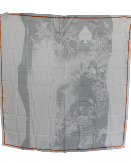 Costume National Gray Orange Silk Floral Foulard Wrap Scarf