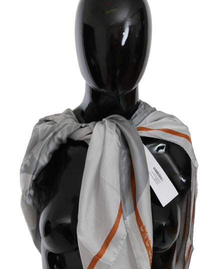 Costume National Gray Orange Silk Floral Foulard Wrap Scarf