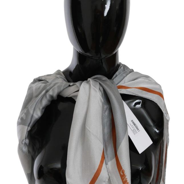 Costume National Gray Orange Silk Floral Foulard Wrap Scarf