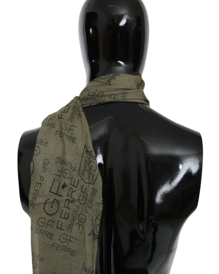 GF Ferre Green Wool Viscose Foulard Patterned Branded Scarf