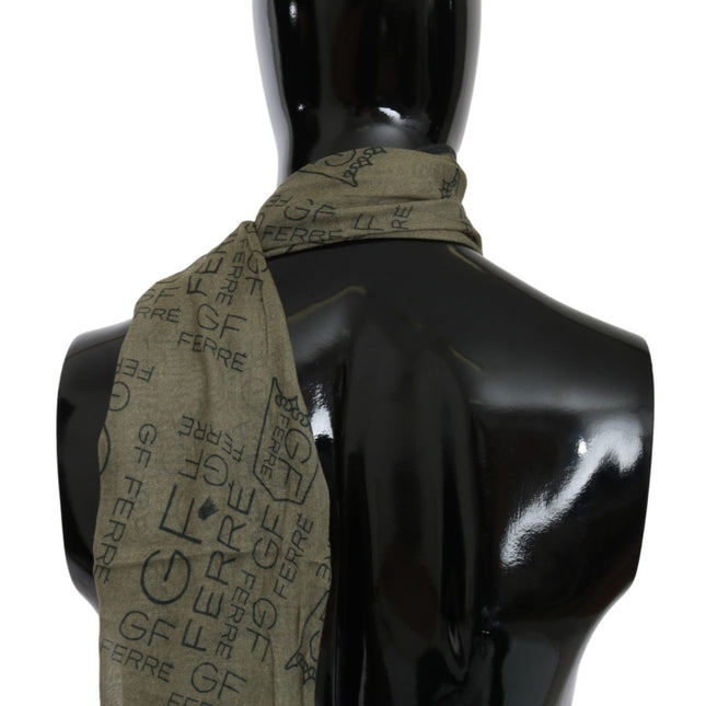 GF Ferre Green Wool Viscose Foulard Patterned Branded Scarf