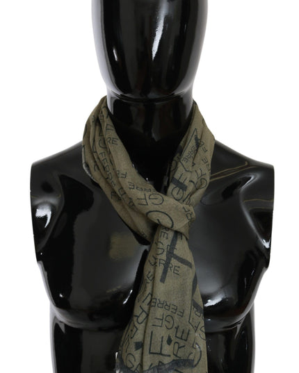 GF Ferre Green Wool Viscose Foulard Patterned Branded Scarf