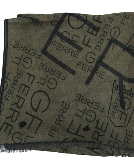 GF Ferre Green Wool Viscose Foulard Patterned Branded Scarf