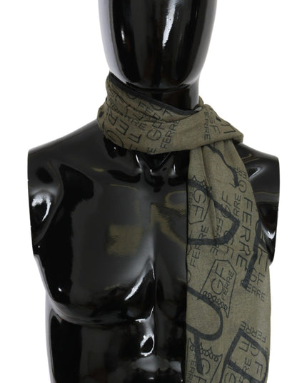 GF Ferre Green Wool Viscose Foulard Patterned Branded Scarf