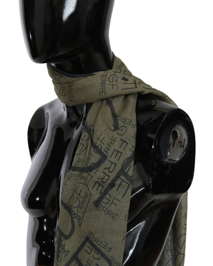 GF Ferre Green Wool Viscose Foulard Patterned Branded Scarf