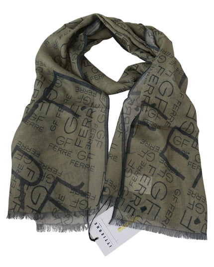 GF Ferre Green Wool Viscose Foulard Patterned Branded Scarf