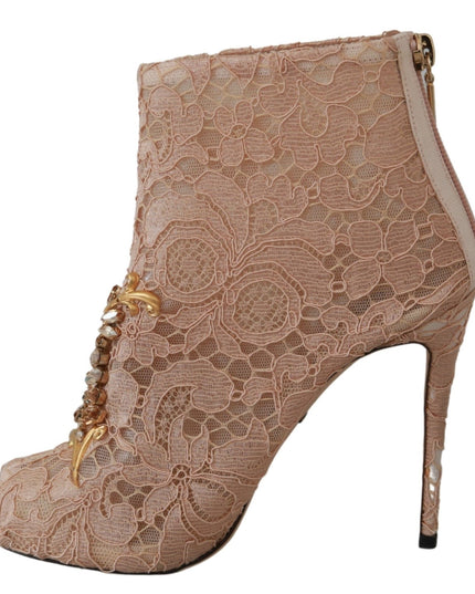 Dolce & Gabbana Pink Crystal Lace Booties Stilettos Shoes