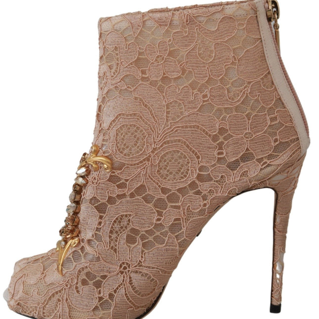 Dolce & Gabbana Pink Crystal Lace Booties Stilettos Shoes