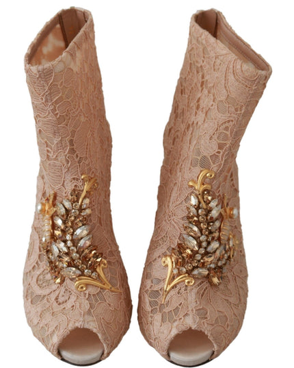 Dolce & Gabbana Pink Crystal Lace Booties Stilettos Shoes