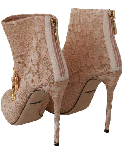 Dolce & Gabbana Pink Crystal Lace Booties Stilettos Shoes