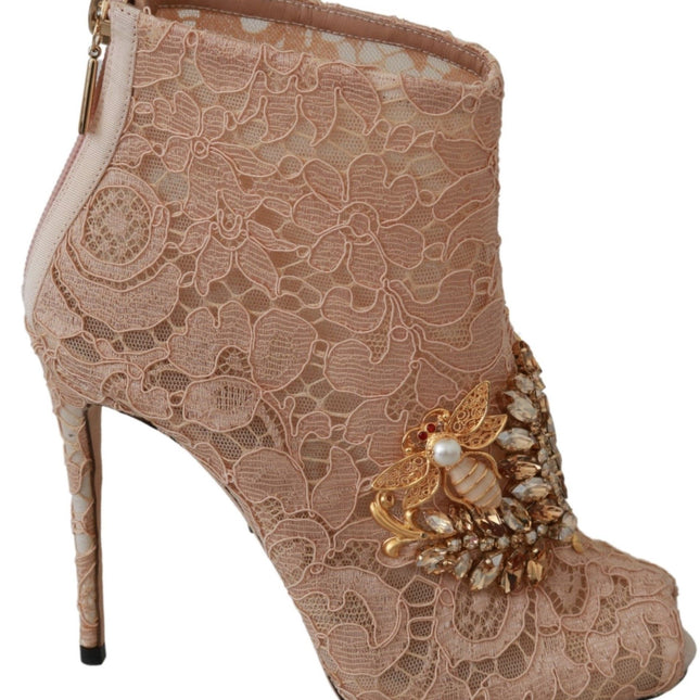 Dolce & Gabbana Pink Crystal Lace Booties Stilettos Shoes