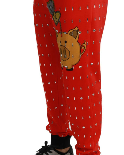 Dolce & Gabbana Red Piggy Bank Cotton Crystal Trousers Pants