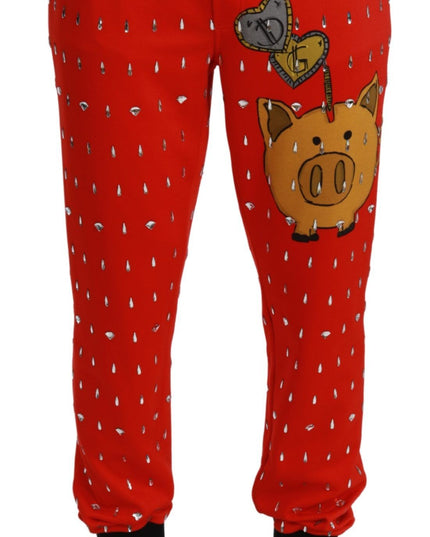 Dolce & Gabbana Red Piggy Bank Cotton Crystal Trousers Pants
