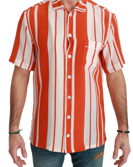 Dolce & Gabbana Orange Silk Striped Short Sleeve White Shirt
