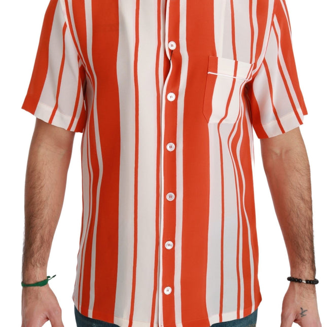 Dolce & Gabbana Orange Silk Striped Short Sleeve White Shirt