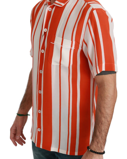 Dolce & Gabbana Orange Silk Striped Short Sleeve White Shirt