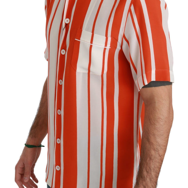 Dolce & Gabbana Orange Silk Striped Short Sleeve White Shirt