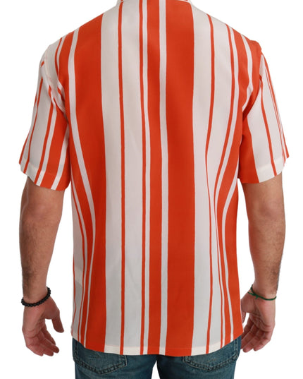 Dolce & Gabbana Orange Silk Striped Short Sleeve White Shirt