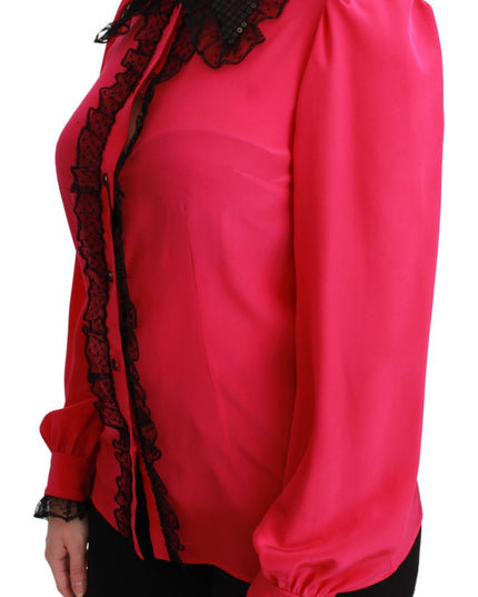 Dolce & Gabbana Pink Silk Black Sequin Lace Shirt Blouse