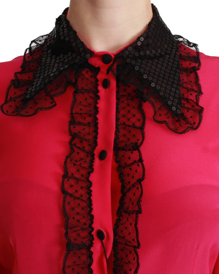 Dolce & Gabbana Pink Silk Black Sequin Lace Shirt Blouse