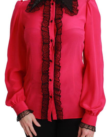 Dolce & Gabbana Pink Silk Black Sequin Lace Shirt Blouse