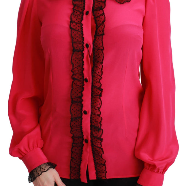 Dolce & Gabbana Pink Silk Black Sequin Lace Shirt Blouse