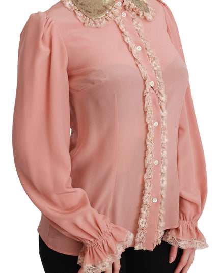 Dolce & Gabbana Pink Silk Gold Sequin Lace Blouse Shirt