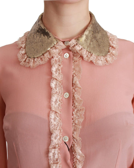 Dolce & Gabbana Pink Silk Gold Sequin Lace Blouse Shirt