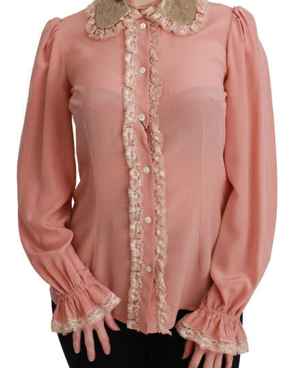Dolce & Gabbana Pink Silk Gold Sequin Lace Blouse Shirt