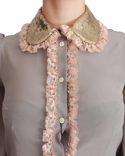 Dolce & Gabbana Gray Silk Gold Sequin Lace Blouse Shirt