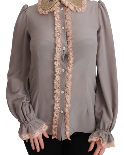 Dolce & Gabbana Gray Silk Gold Sequin Lace Blouse Shirt