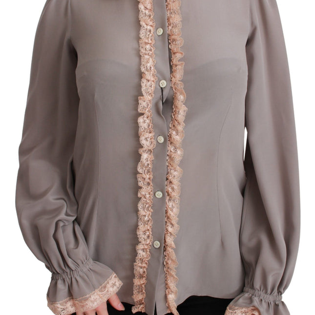 Dolce & Gabbana Gray Silk Gold Sequin Lace Blouse Shirt