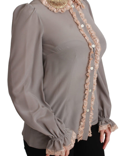 Dolce & Gabbana Gray Silk Gold Sequin Lace Blouse Shirt