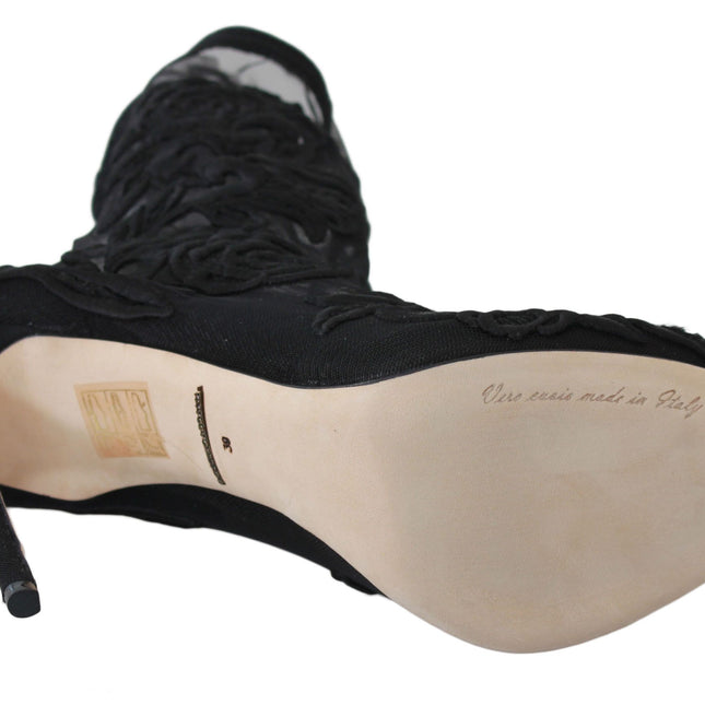 Dolce & Gabbana Black Roses Stilettos Booties Socks Shoes