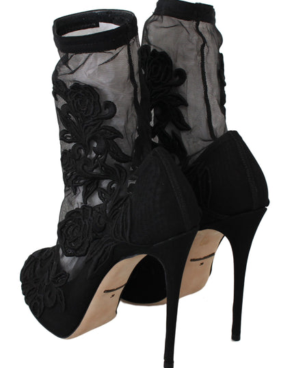 Dolce & Gabbana Black Roses Stilettos Booties Socks Shoes
