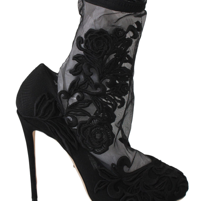 Dolce & Gabbana Black Roses Stilettos Booties Socks Shoes