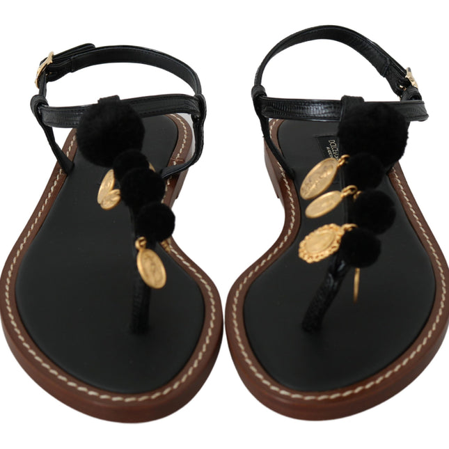 Dolce & Gabbana Black Leather Coins Flip Flops Sandals Shoes