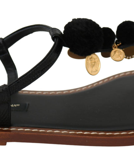 Dolce & Gabbana Black Leather Coins Flip Flops Sandals Shoes