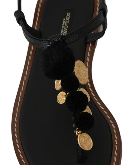 Dolce & Gabbana Black Leather Coins Flip Flops Sandals Shoes